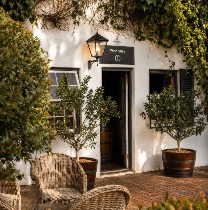 Meerendal's whitewashed Cape tasting room and courtyard