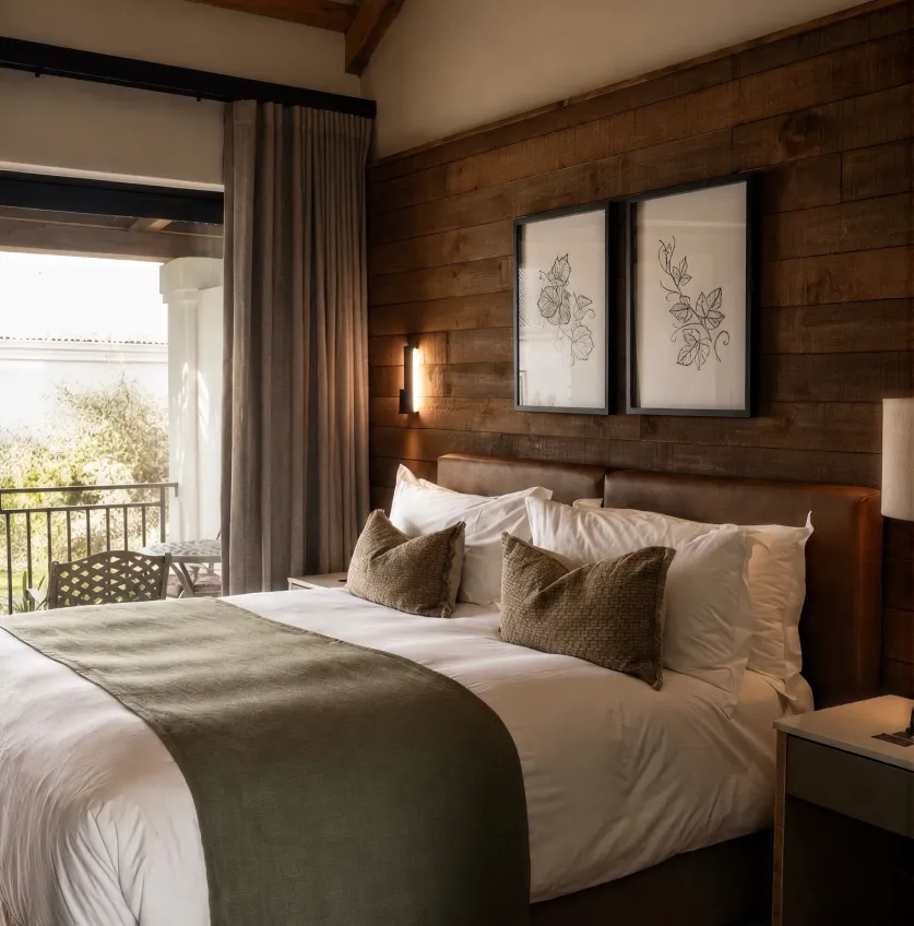 A Meerendal suite with timber walls and a vineyard-facing balcony
